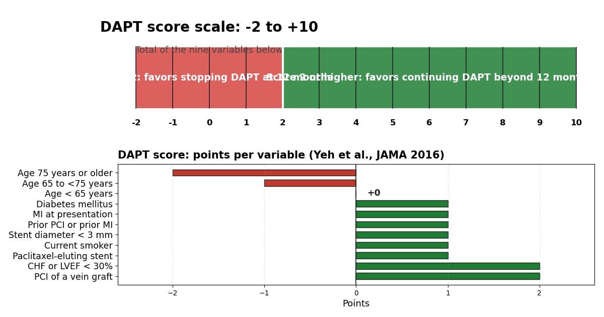 Chart of the DAPT score scale from -2 to 10 with interpretation bands, and the points contributed by each of the nine variables