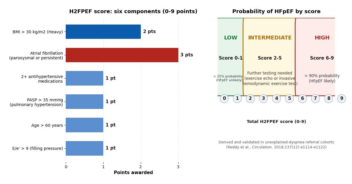 Chart of the six H2FPEF score components with their points and the low, intermediate, and high probability bands for HFpEF