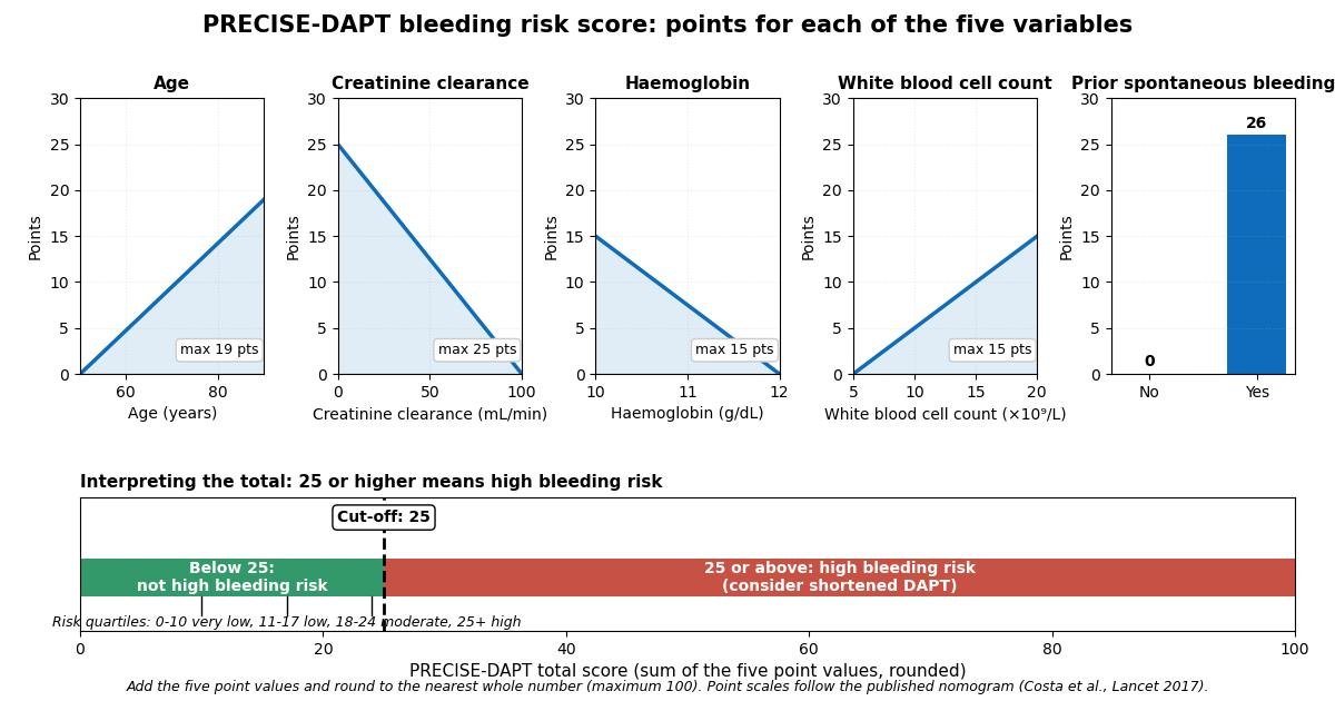 Chart of the PRECISE-DAPT point scales: points contributed by age, creatinine clearance, haemoglobin, white blood cell count, and prior spontaneous bleeding, with the high bleeding risk cut-off at a total score of 25.