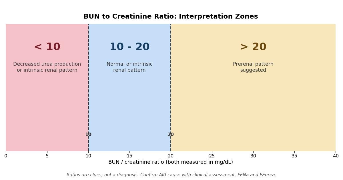Chart showing BUN to creatinine ratio interpretation zones: below 10, 10 to 20, and above 20