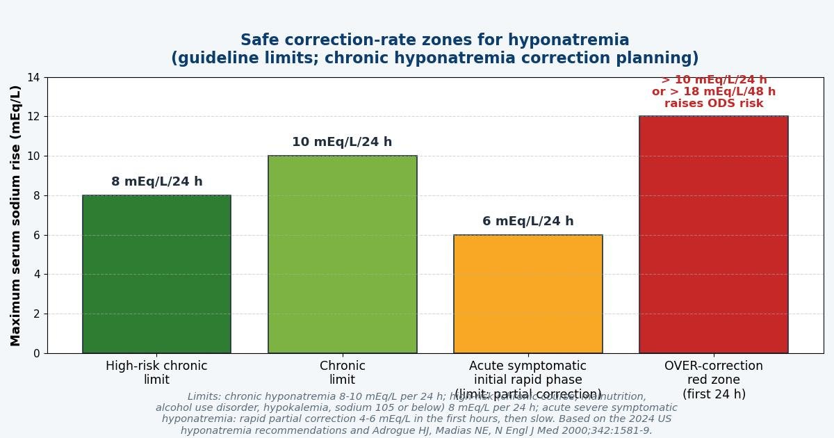 Bar chart of safe 24-hour serum sodium correction limits: high-risk chronic hyponatremia 8 mEq/L, chronic hyponatremia 10 mEq/L, acute symptomatic initial rapid phase 4 to 6 mEq/L, and the overcorrection red zone above 10 mEq/L per 24 hours or 18 mEq/L per 48 hours that raises the risk of osmotic demyelination syndrome