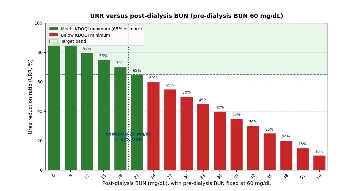 Bar chart of URR against post-dialysis BUN with pre-dialysis BUN fixed at 60 mg/dL: bars at 65% URR and above are green, bars below are red, the 65% KDOQI minimum target band is shaded green, and post-BUN 21 mg/dL is marked as exactly 65% URR