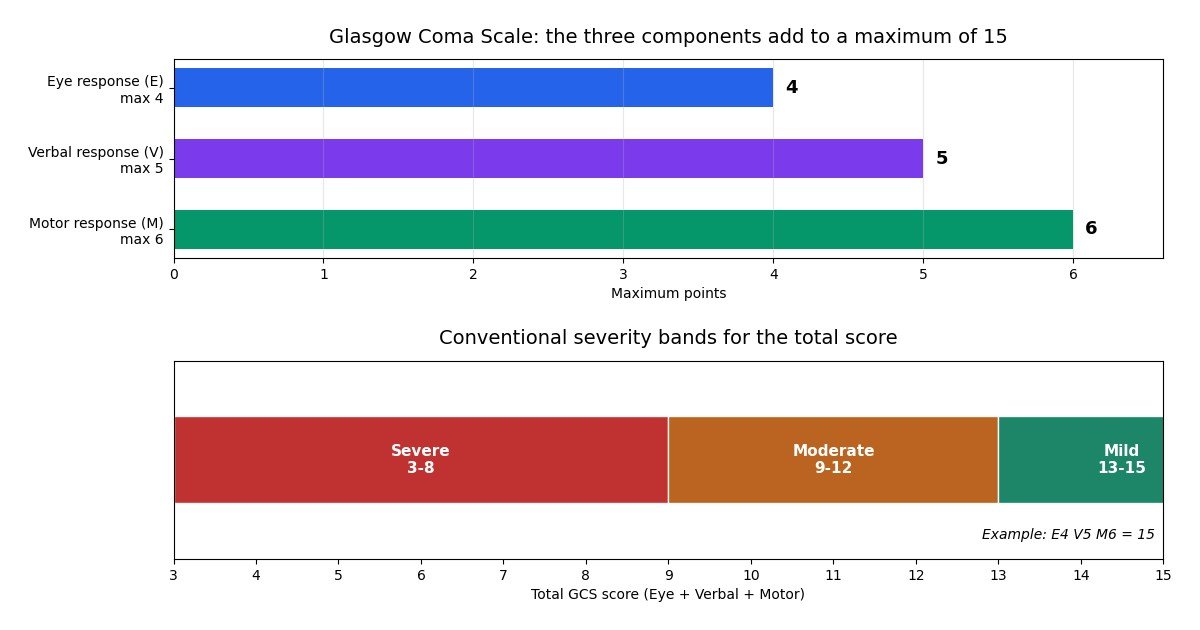 Chart of the Glasgow Coma Scale: maximum points per component and the mild, moderate and severe bands of the 3 to 15 total score