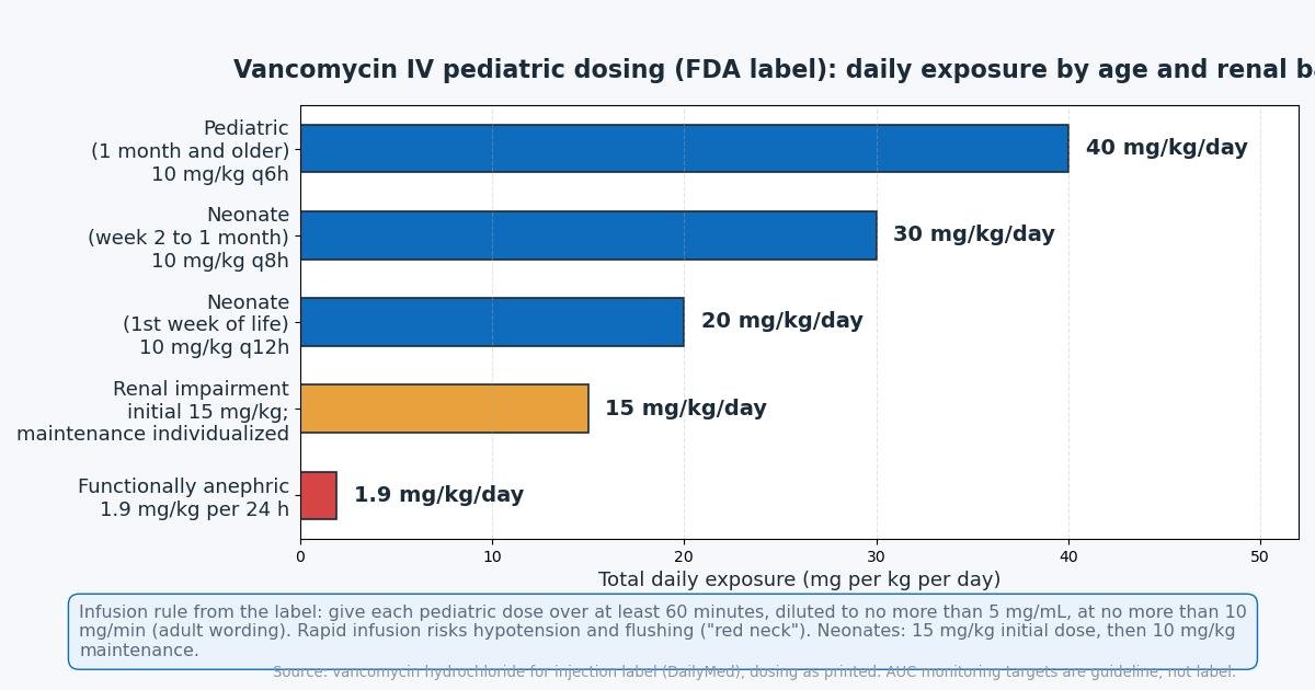 Bar chart of labeled daily vancomycin exposure: 40 mg/kg/day for children 1 month and older, 30 mg/kg/day for neonates after the first week, 20 mg/kg/day for neonates in the first week, with renal impairment individualized and 1.9 mg/kg/day for functionally anephric patients. Infusion note: each dose over at least 60 minutes.