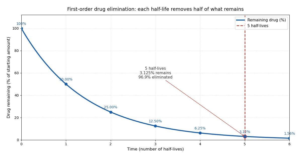 First-order drug elimination decay curve: concentration falls by half each half-life, with a marker at 5 half-lives where about 97 percent of the drug is eliminated