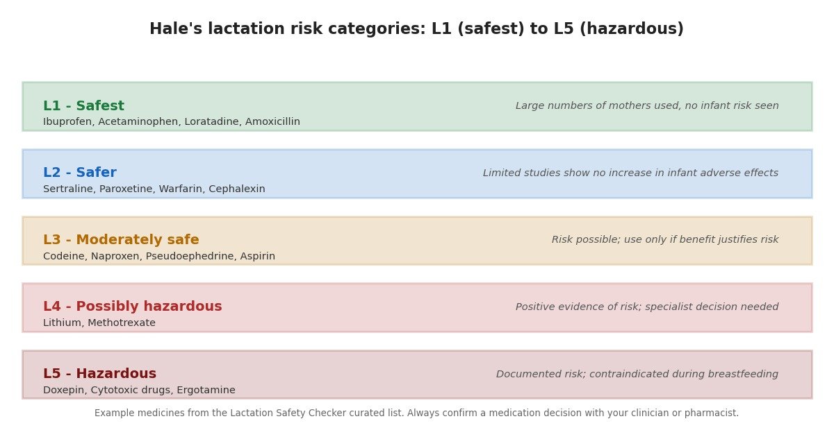 Hale lactation risk category ladder from L1 safest to L5 hazardous, with example medicines at each level