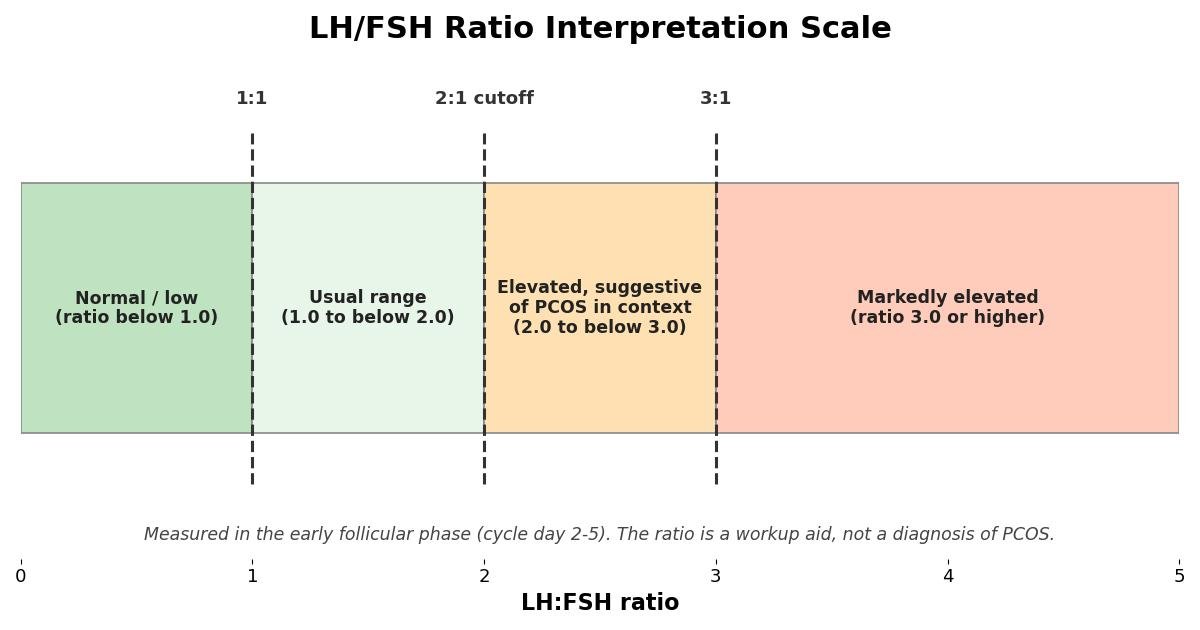 LH to FSH ratio interpretation scale showing normal below 1.0, usual range 1.0 to below 2.0, elevated 2.0 to below 3.0, and markedly elevated at 3.0 or higher