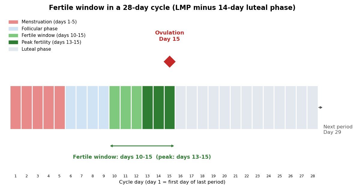 Chart showing the fertile window across a 28-day cycle: fertile days 10 to 15, peak days 13 to 15, ovulation on day 15