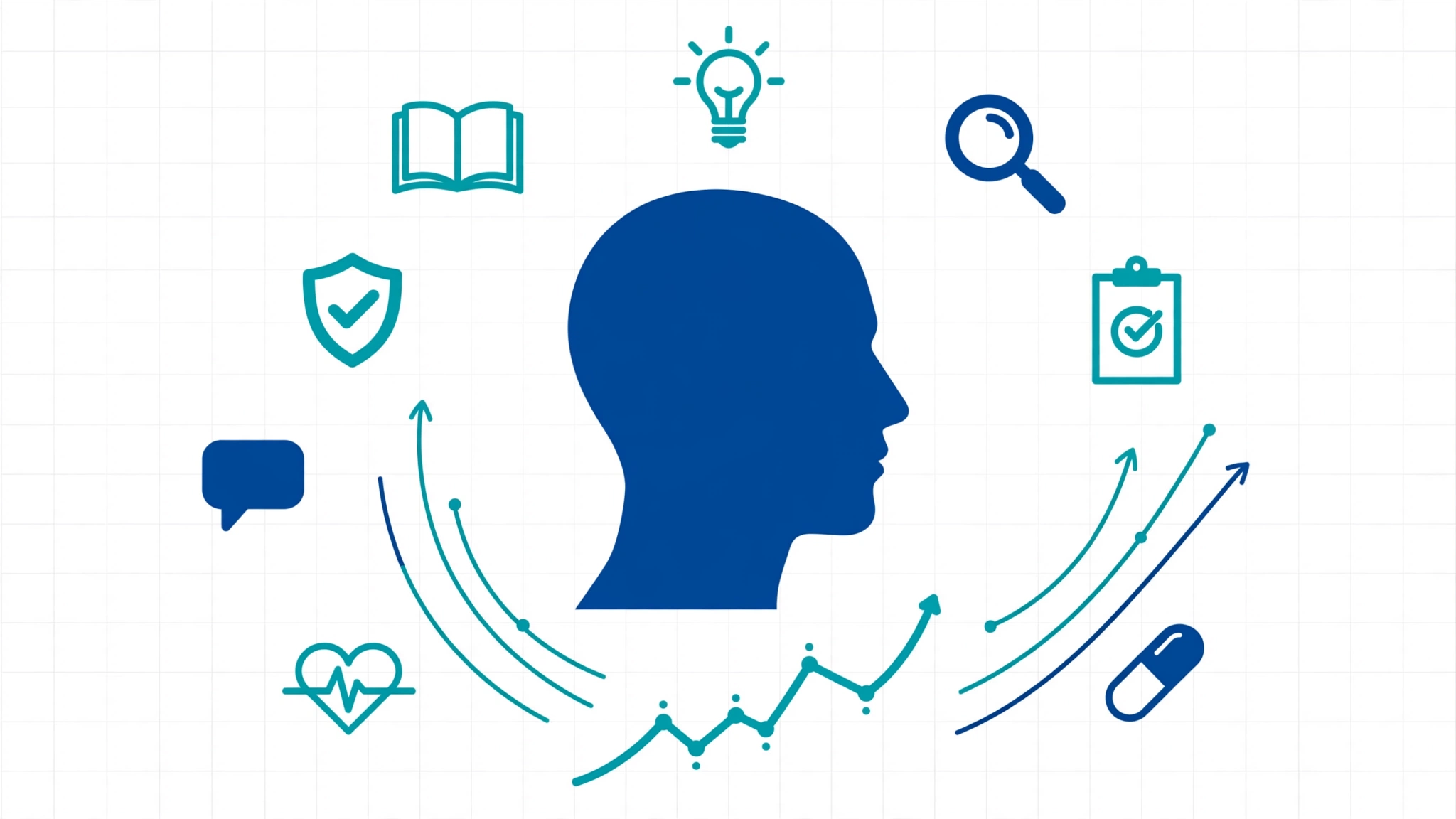 Clean infographic-style illustration of patient health literacy with data charts and questionnaire icons in deep blue and teal
