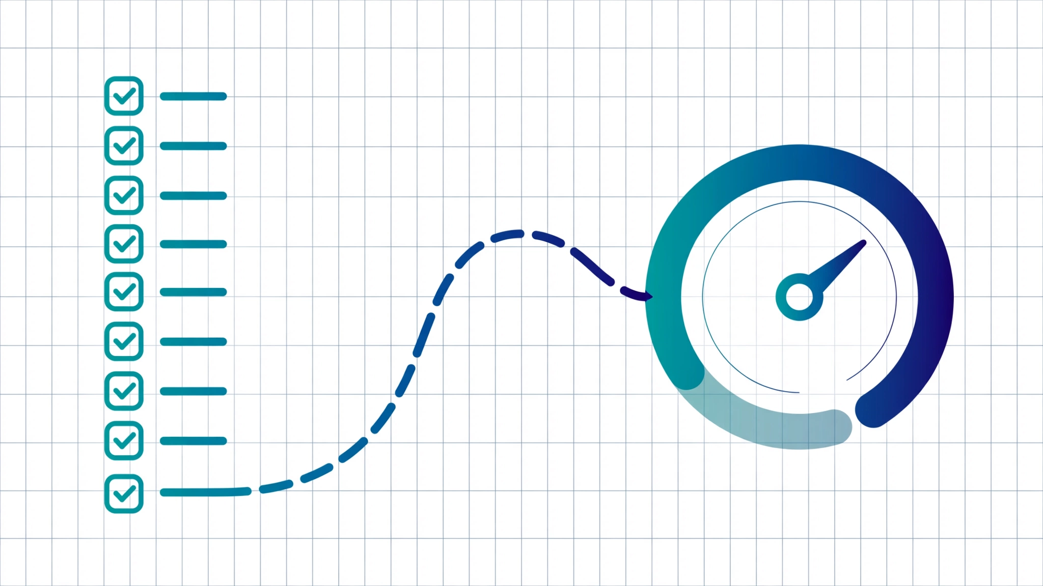 Minimal flat-vector infographic of a 9-item checklist flowing into a score gauge in deep blue and teal on white