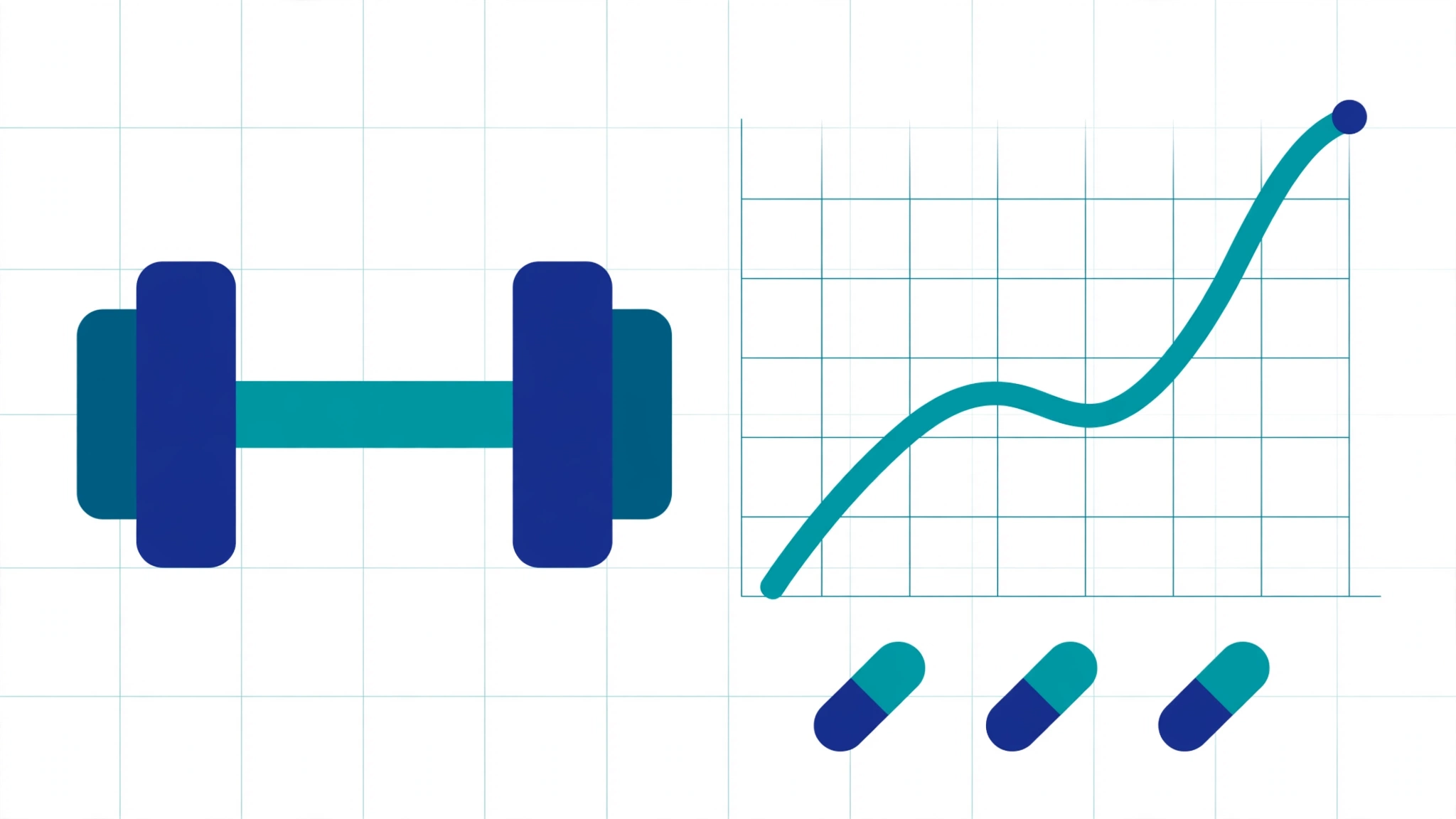 Minimal infographic illustration of a dumbbell beside a rising strength curve chart in deep blue and teal, illustrating the creatine without exercise study.