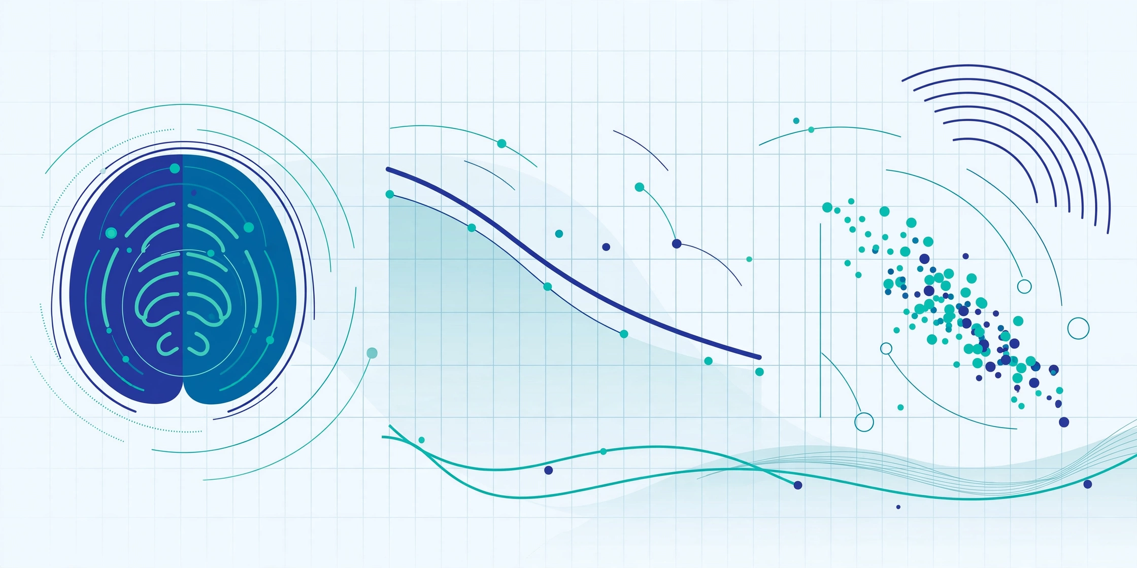 Flat vector data-lab illustration of a stylized brain beside downward trend curves and a scatter plot on a faint grid, in deep blue and teal, with no text.