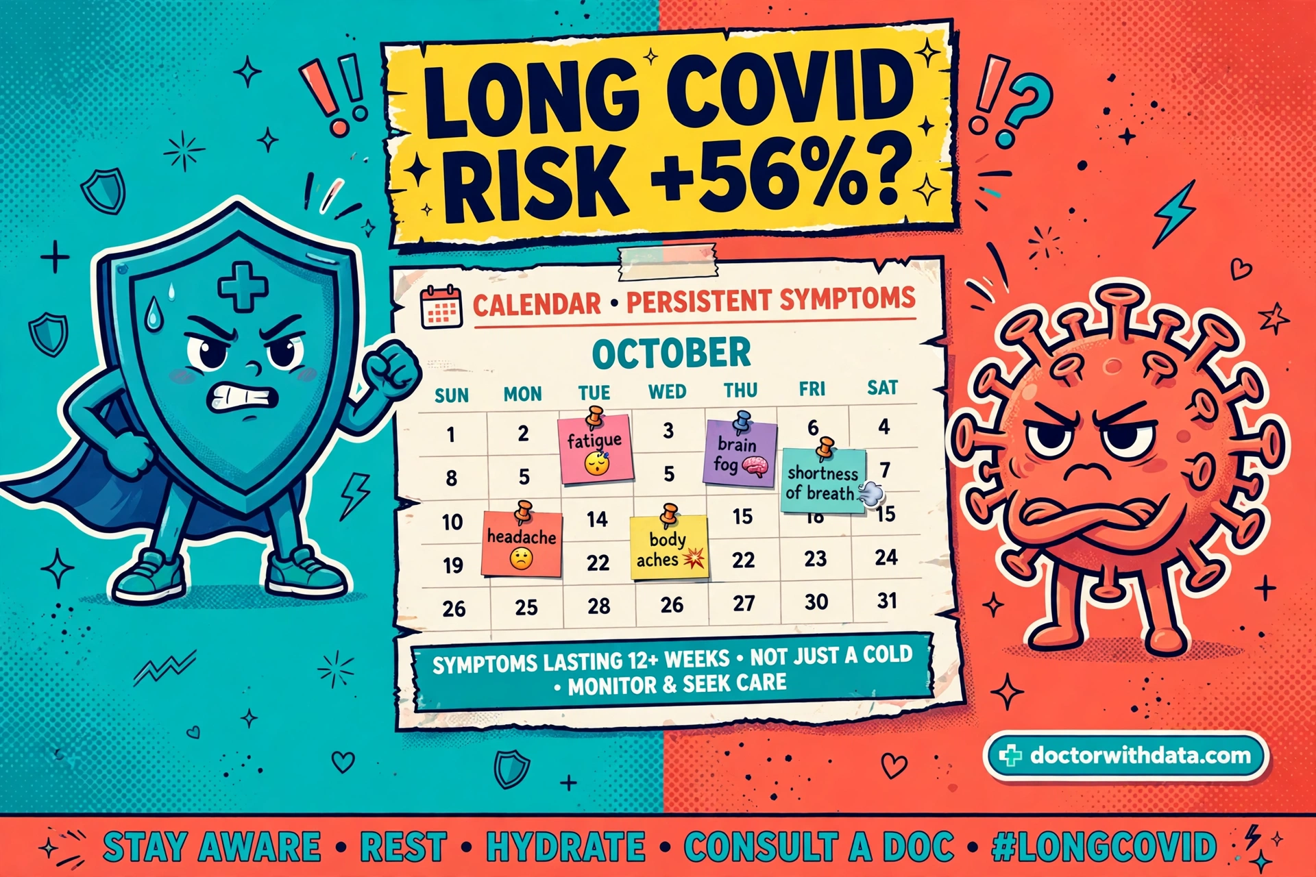 Does autoimmune disease increase long covid risk: Gen Z illustration of an immune-system shield beside a calendar marked with persistent symptoms, doctorwithdata.com badge