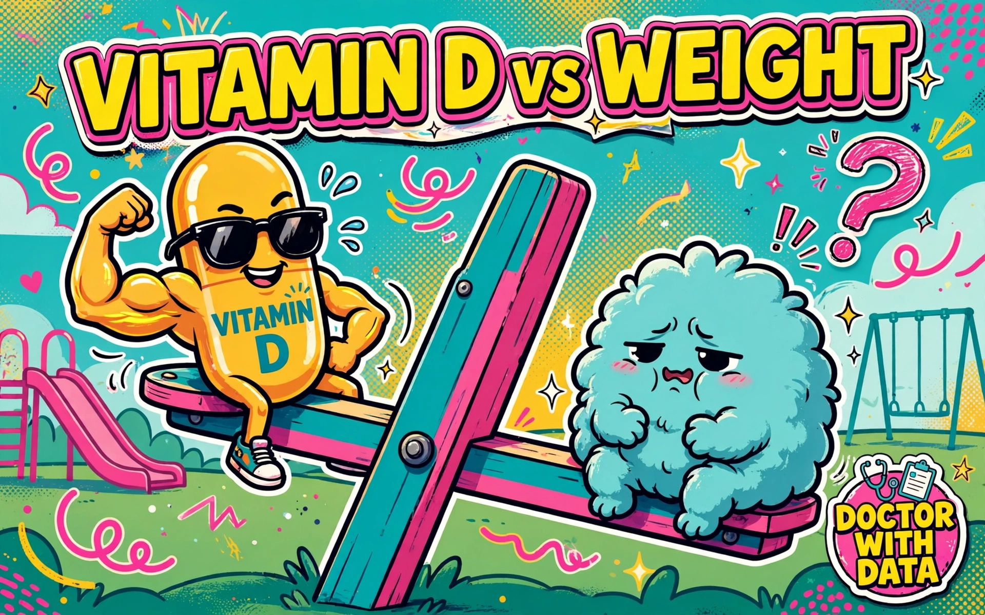 Will low vitamin D cause weight gain? A vitamin D capsule character flexing on a see-saw opposite a fluffy character under a 'VITAMIN D vs WEIGHT' headline, Doctor With Data