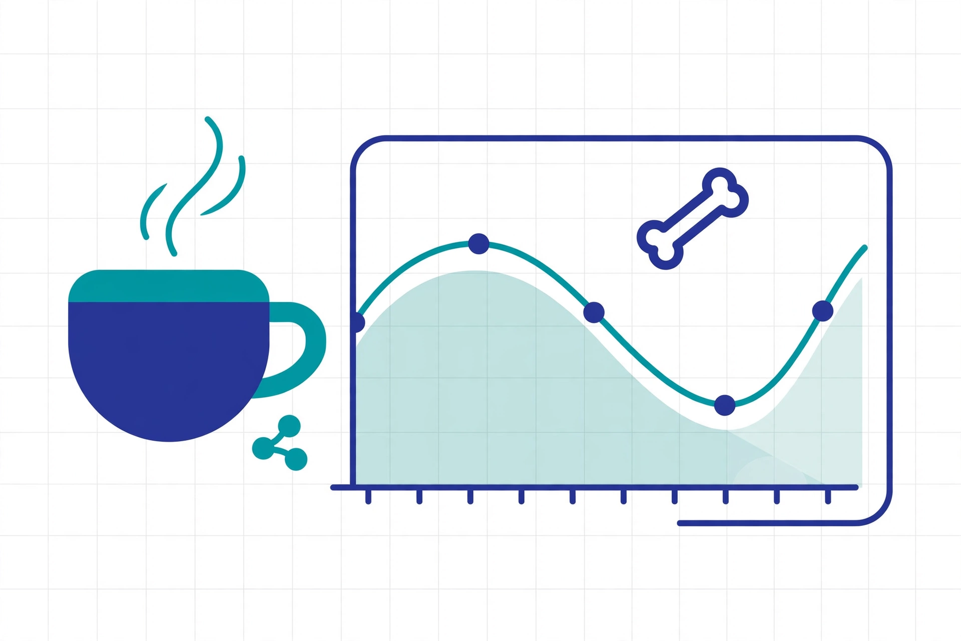Flat vector infographic illustration of a coffee cup beside bone-density trend curves on a light grid background in blue and teal.