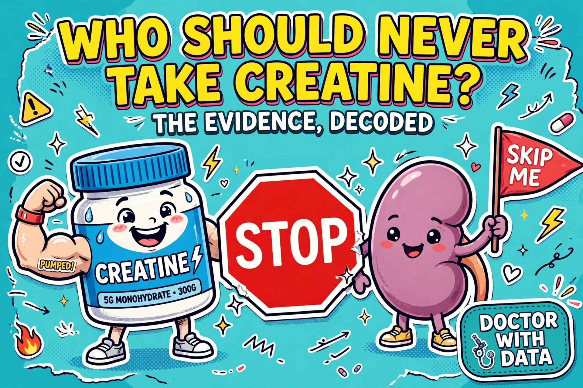 Who should never take creatine: Gen Z illustration of a cartoon creatine jar with a red stop sign beside a kidney character waving a skip me flag, Doctor With Data
