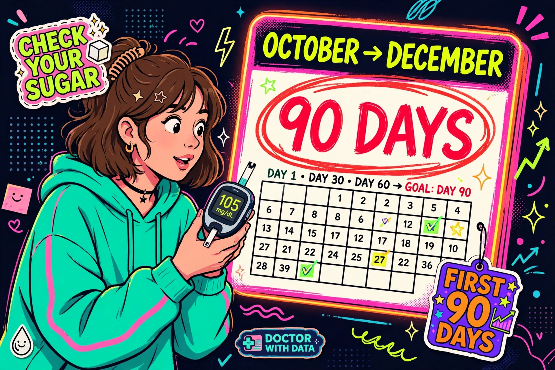Do antipsychotics cause diabetes: Gen Z illustration of a young woman checking a blood glucose meter beside a glowing calendar marked 90 days, DOCTOR WITH DATA badge.