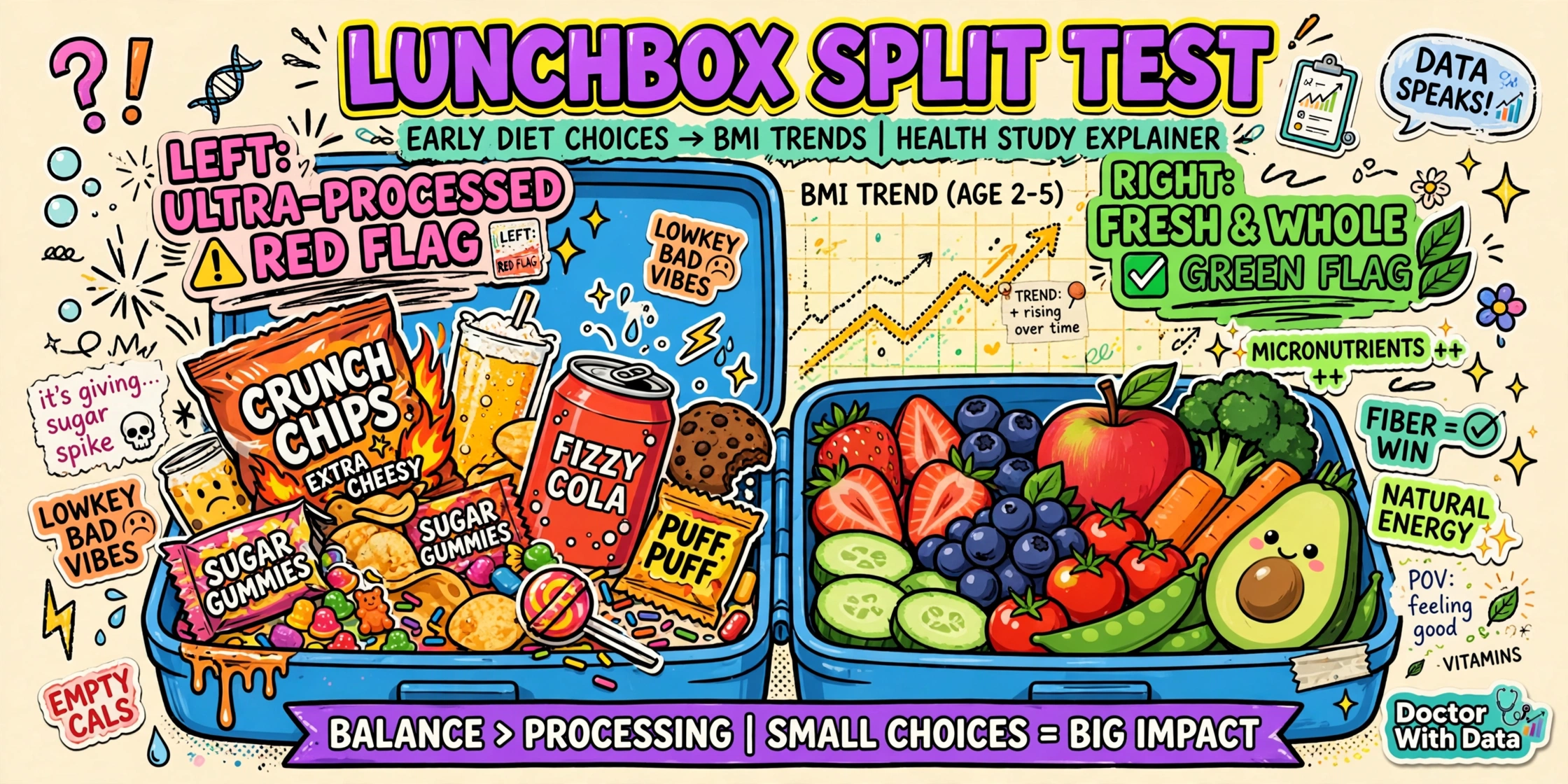 Gen Z style illustration of a toddler lunchbox split between ultra-processed snacks and fresh foods with a rising BMI chart, Doctor With Data brand mark