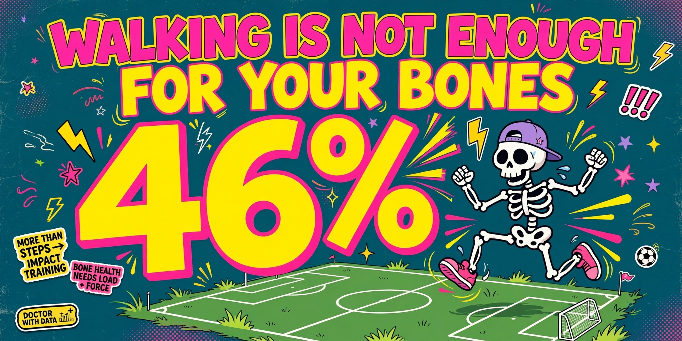 Cartoon skeleton playing football with the text Walking is not enough for your bones and the 46 percent stat, Doctor with Data brand mark