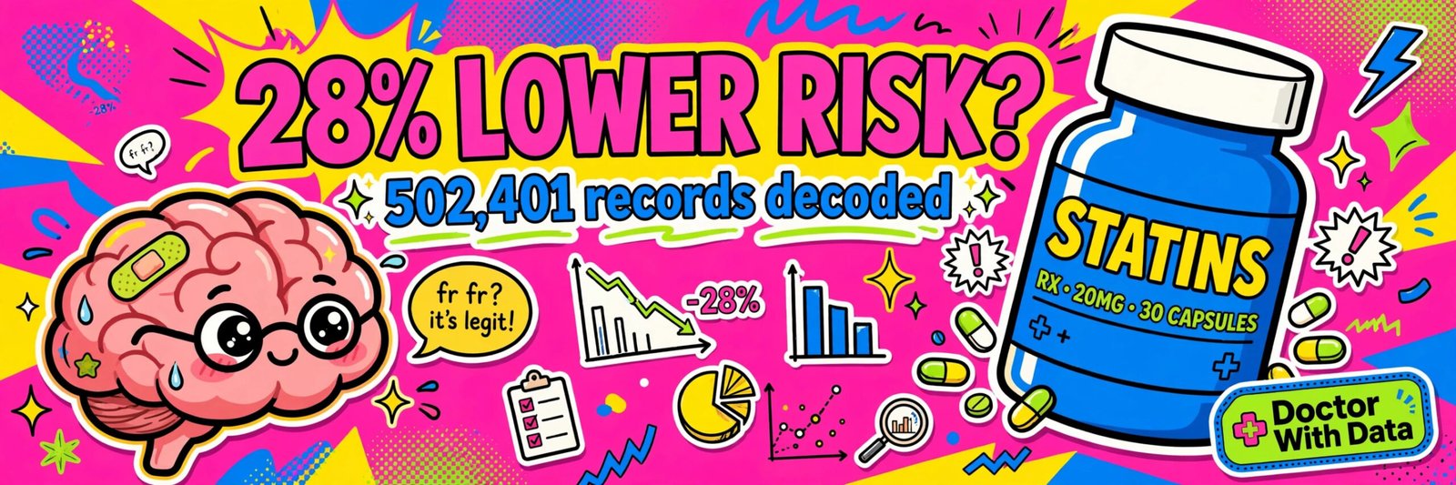 Do statins prevent Alzheimer's? Cartoon brain and statins bottle illustration showing 28 percent lower risk from 502,401 UK Biobank records, Doctor With Data
