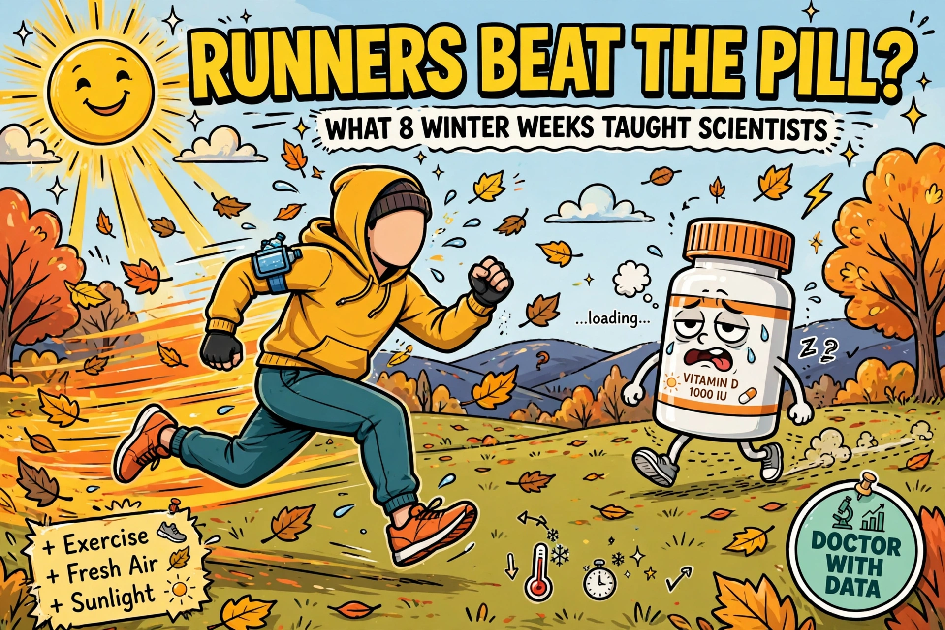 Do you need vitamin D tablets this autumn? Runner racing a vitamin D pill bottle, vitamin D deficiency symptoms decoded
